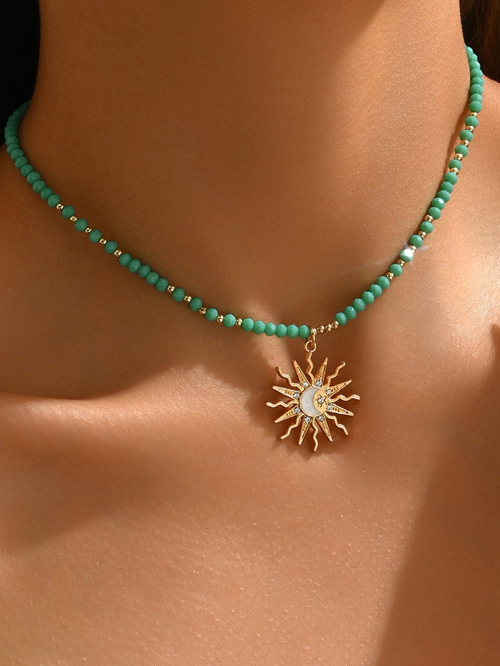 Commense Turquoise Beaded Choker with Sun-Moon Pendant